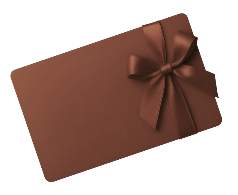 Brown gift card with a large bow on a white background